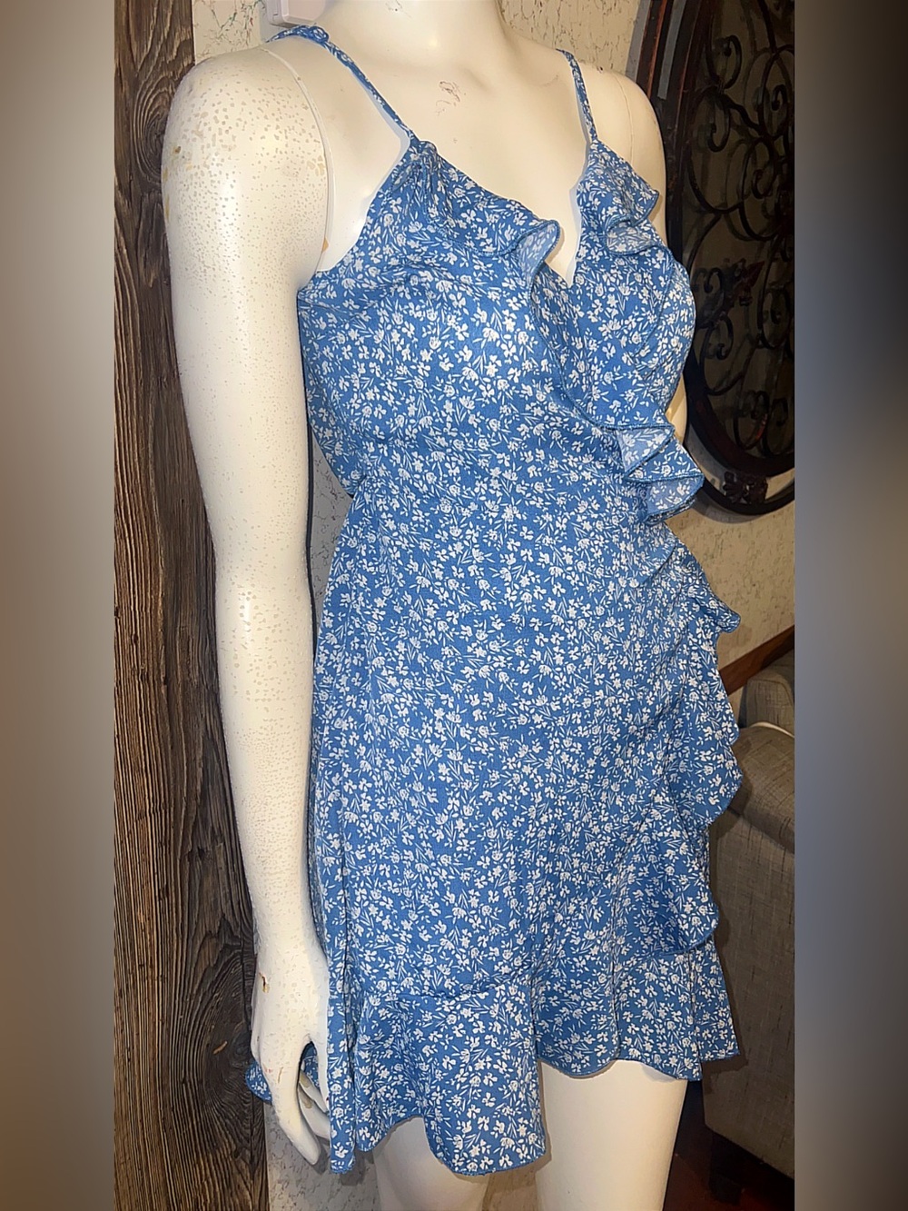 SHEIN Blue Floral Ruffle Cami Mini Dress Size xs - Picture 4 of 6